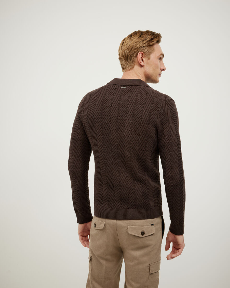 Herringbone Long Sleeve Trophy Neck Knit, Brown Herringbone Long Sleeve Trophy Neck Knit, Brown, hi-res